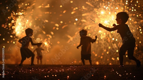 A photo of a group of children playing with sparklers on a summer night, with fireworks exploding in the distance. The sparklers add a personal touch to the grand spectacle, creating a sense of awe