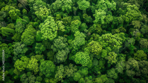Aerial view of lush green forest with dense tree canopy