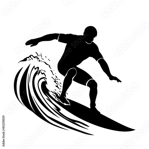 Surfing vector black isolated silhouette of man. Surfing sport, olympic games illustration.