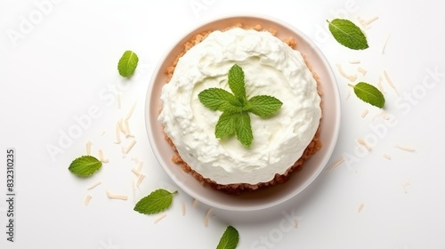 Top view of coconut cream pie garnished with mint leaves on white background with copy space photo