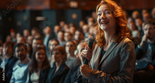 A smiling ginger business woman is standing in front of an audience holding a microphone. She is wearing a dark blue suit jacket and white shirt. People are sitting behind her on the stage watching photo