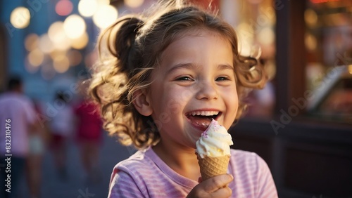 Portrait of happy child eating ice cream  summer time  copy space.