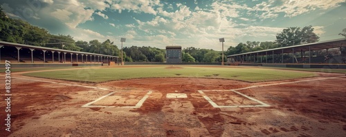 Empty baseball field with pristine green grass and clear blue sky, showing pitcher's mound and bases, ready for game. photo