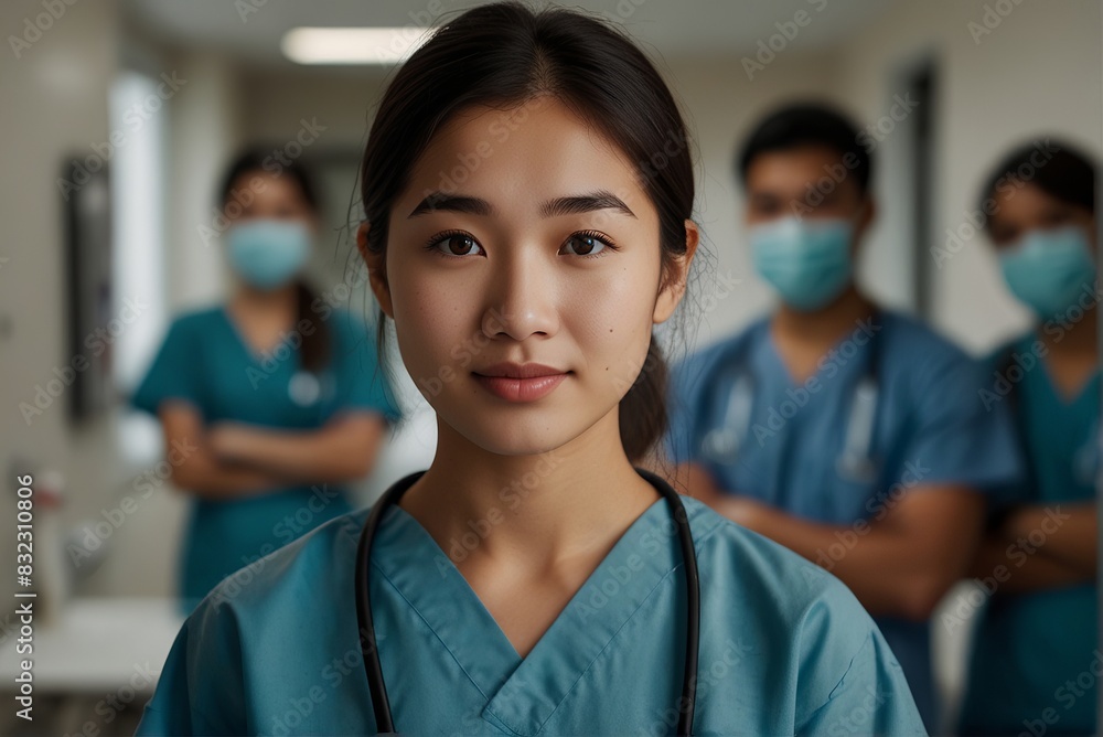 Fototapeta premium A young female nurse in a hospital, on the background of a team of medical workers.