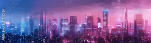 Futuristic cityscape with neon lights and high-rise buildings at dusk, showcasing modern urban architecture under dramatic sky.