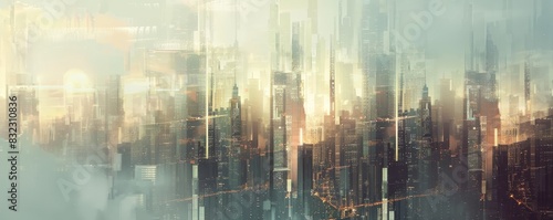 Futuristic cityscape with tall skyscrapers and hazy atmosphere, embodying a perfect blend of modern architecture and sci-fi aesthetics. photo