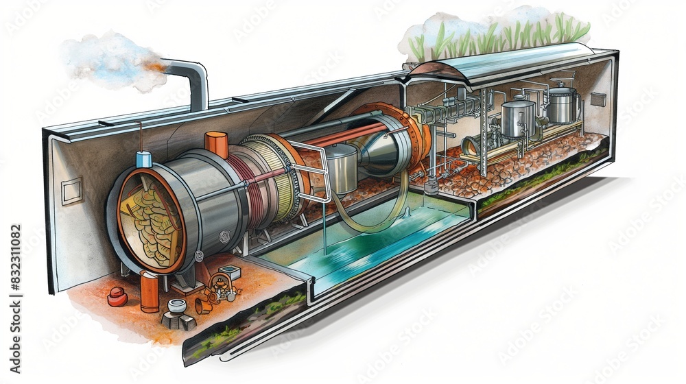 Obraz premium A detailed illustration of a biogas generator at work, showing the process of methane gas being collected from organic waste. The generator is depicted in a cutaway view to reveal the inner workings.