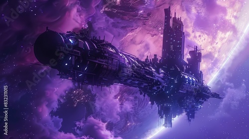 Fototapeta Naklejka Na Ścianę i Meble -  Futuristic space station in a vibrant purple galaxy, showcasing advanced technology and cosmic wonders with a vivid and ethereal background.