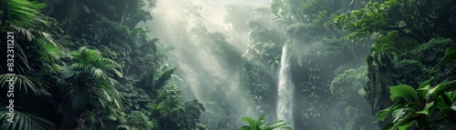 Lush green rainforest with a beautiful waterfall cascading down, surrounded by dense foliage and rays of sunlight piercing through the forest. photo