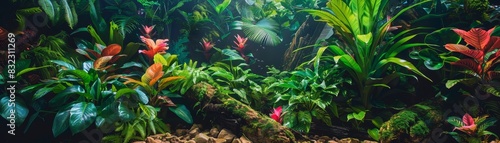 Lush tropical rainforest scene with vibrant green foliage and colorful flowers  showcasing rich biodiversity and dense jungle vegetation.