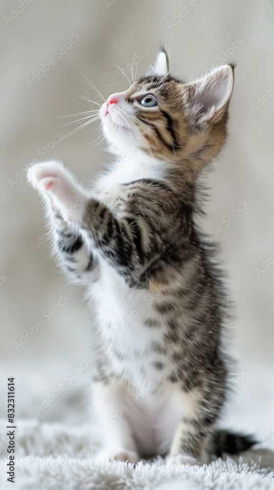 Adorable Kitten with Blue Eyes in a Playful Pose, Reaching Up on a Soft White Blanket Adorable Kitten with Blue Eyes in a Playful Pose, Reaching Up on a Soft White Blanket