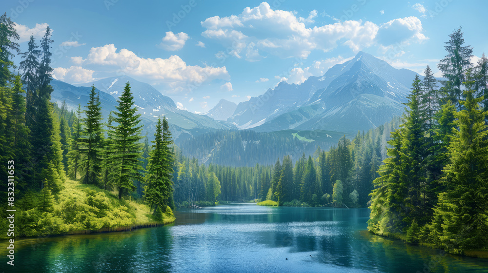 Beautiful landscape view of green summer forest and mountain lake