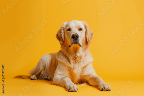 In a studio photo, a friendly golden retriever dog is captured pulling a funny face, radiating charm and playfulness. This portrait perfectly captures the lovable and humorous nature of the dog. 