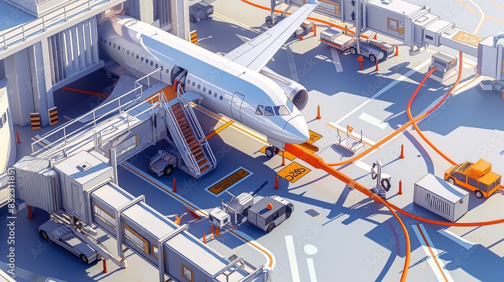 A detailed illustration of a fueling process at an airport, showing an ...