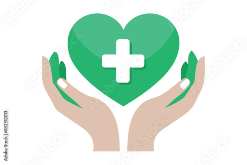 depicts hands embracing a green heart with a white cross in the center. This symbol is often associated with medical services and health care.