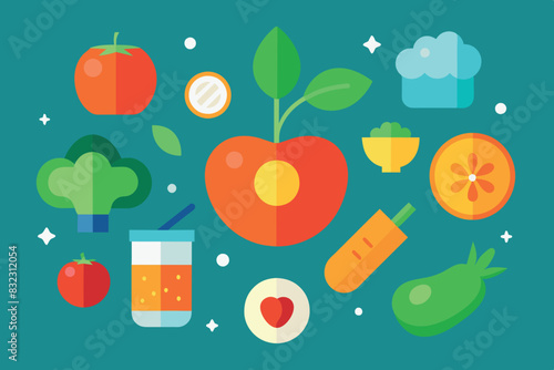 a background of different foods and ingredients. These include apples, strawberries, watermelon, carrots, and broccoli. dairy products, cheese, and hamburger.  A diverse assortment of healthy and tast