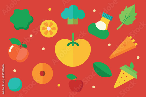 a background of different foods and ingredients. These include apples, strawberries, watermelon, carrots, and broccoli. dairy products, cheese, and hamburger.  A diverse assortment of healthy and tast