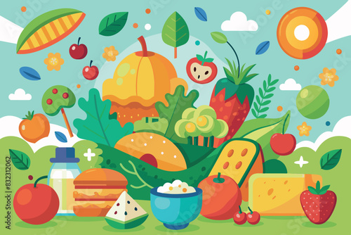a background of different foods and ingredients. These include apples, strawberries, watermelon, carrots, and broccoli. dairy products, cheese, and hamburger.  A diverse assortment of healthy and tast