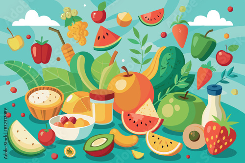 a background of different foods and ingredients. These include apples, strawberries, watermelon, carrots, and broccoli. dairy products, cheese, and hamburger.  A diverse assortment of healthy and tast