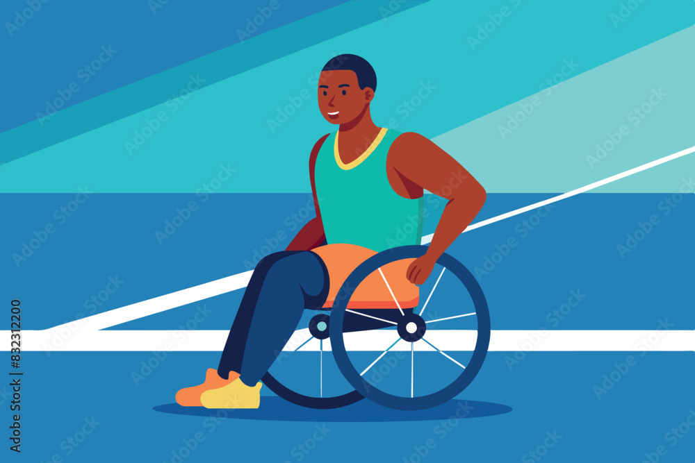 Fototapeta premium athlete in a wheelchair on a treadmill. one hand controls the wheel of the wheelchair. This image is interesting because it symbolizes athleticism and determination in adaptive sports.