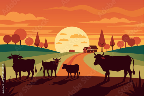 A farm at sunset or sunrise. In the far background you can see lofty hills and mountains with a clear sky, in the foreground three cows of different colors graze on the grass. Tranquil atmosphere.