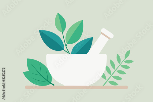 A mortar and pestle surrounded by various plants and herbs. natural medicine or herbal preparation.  Leaves in different shades of green, pink leaf, wheat ears, flowers and what looks like garlic clov