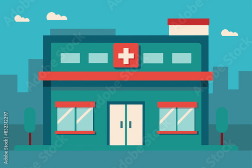 The building with the red cross, is a pharmacy or medical facility. Multi-story buildings are visible in the background, indicating an urban environment,