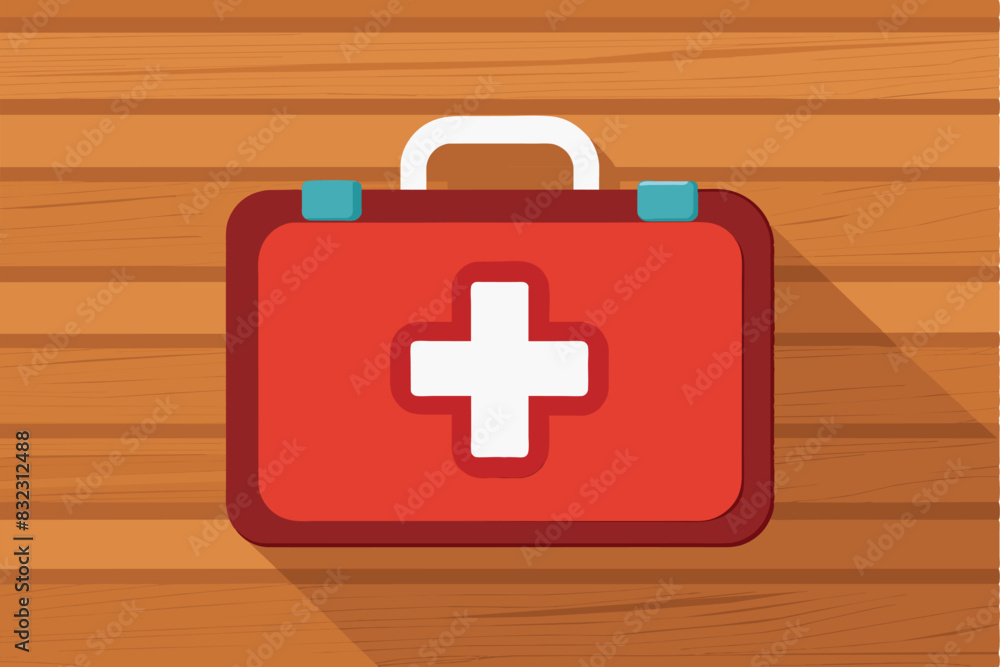 Obraz premium red first aid kit with a white cross on the front side. This image can be related to themes of health, emergency preparedness, medical supplies or safety procedures.