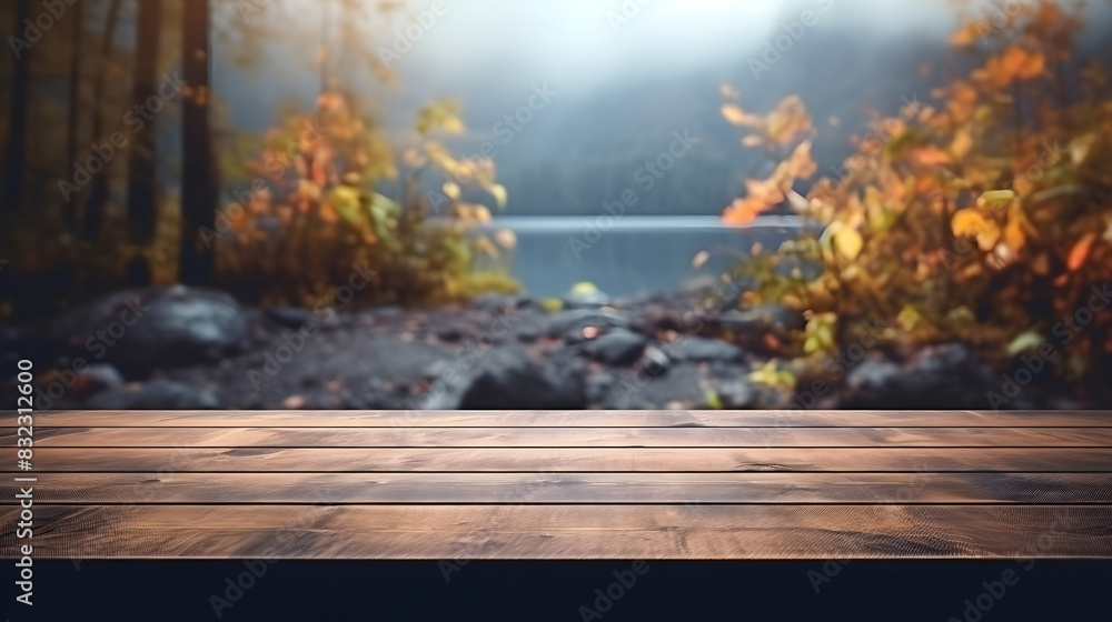 Wooden empty mock up table for product placing on background of autumn gloomy lake and mountains, web banner Wooden empty mock up table for product placing on background of autumn gloomy lake and mountains, web banner