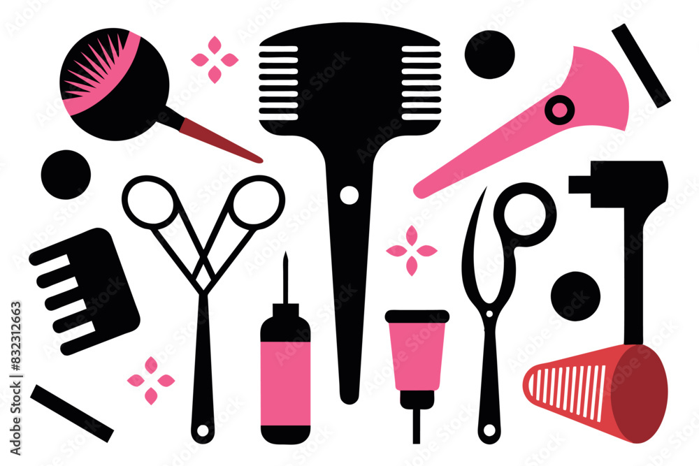 Background from a collection of styling and hair care tools. The tools are varied and include different types of brushes, combs, shampoo bottles, scissors, hair dryer and hand mirror. Background from a collection of styling and hair care tools. The tools are varied and include different types of brushes, combs, shampoo bottles, scissors, hair dryer and hand mirror.