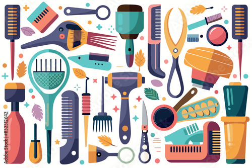 Background from a collection of styling and hair care tools. The tools are varied and include different types of brushes, combs, shampoo bottles, scissors, hair dryer and hand mirror.