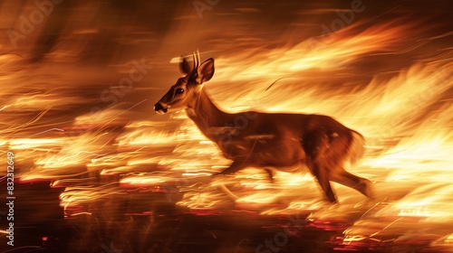 A photo with a long exposure  taken with a Canon EOS camera  portraying the blur of a California mule deer sprinting away from a wildfire. The deer s face is a blur of motion  while the background