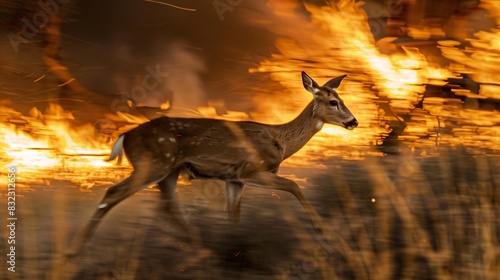A photo with a long exposure  taken with a Canon EOS camera  portraying the blur of a California mule deer sprinting away from a wildfire. The deer s face is a blur of motion  while the background