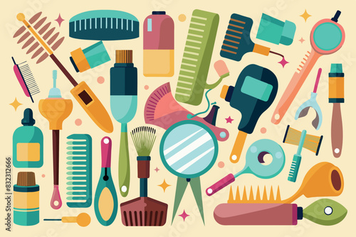 Background from a collection of styling and hair care tools. The tools are varied and include different types of brushes, combs, shampoo bottles, scissors, hair dryer and hand mirror.