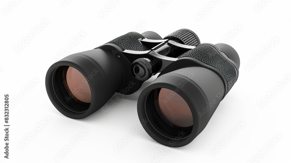 Close-up of modern black binoculars on white background Close-up of modern black binoculars on white background