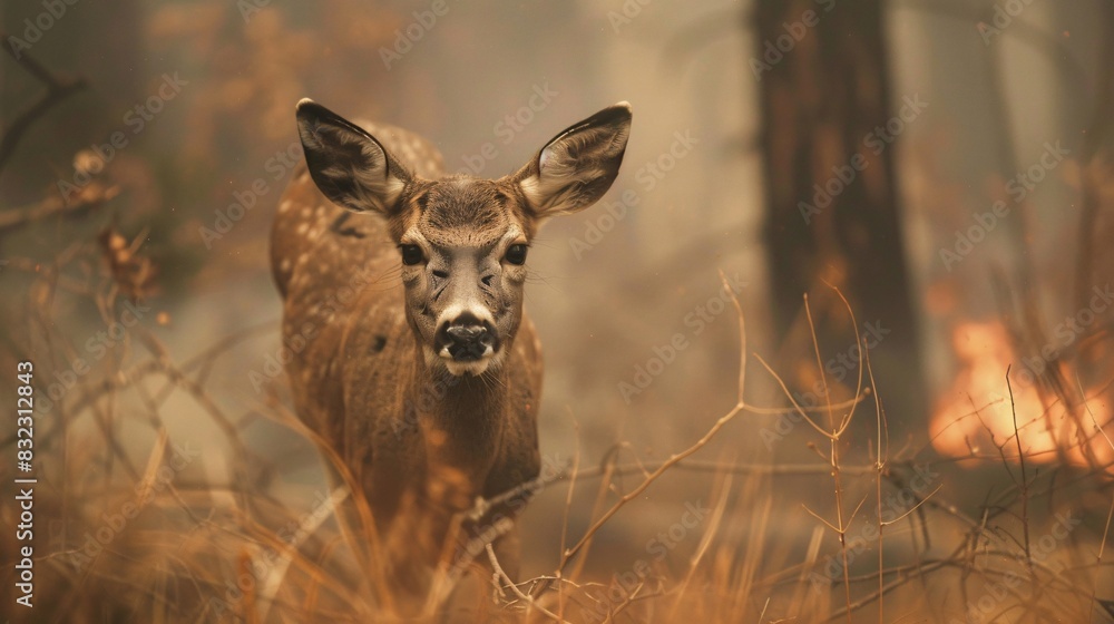 A photo with a focus on survival a California mule deer emerging from a smoke-filled forest after escaping a wildfire. The deer's face is coated in soot, but A photo with a focus on survival a California mule deer emerging from a smoke-filled forest after escaping a wildfire. The deer's face is coated in soot, but