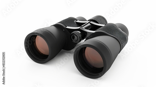 Close-up of modern black binoculars on white background