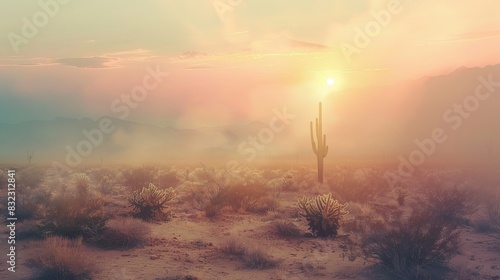Serene desert landscape at sunset with a lone cactus bathed in warm light and surrounded by soft  pastel-colored sky and desert flora.
