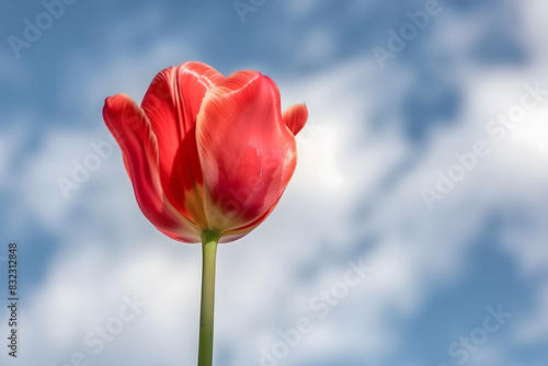 A red flower is standing tall in front of a blue sky