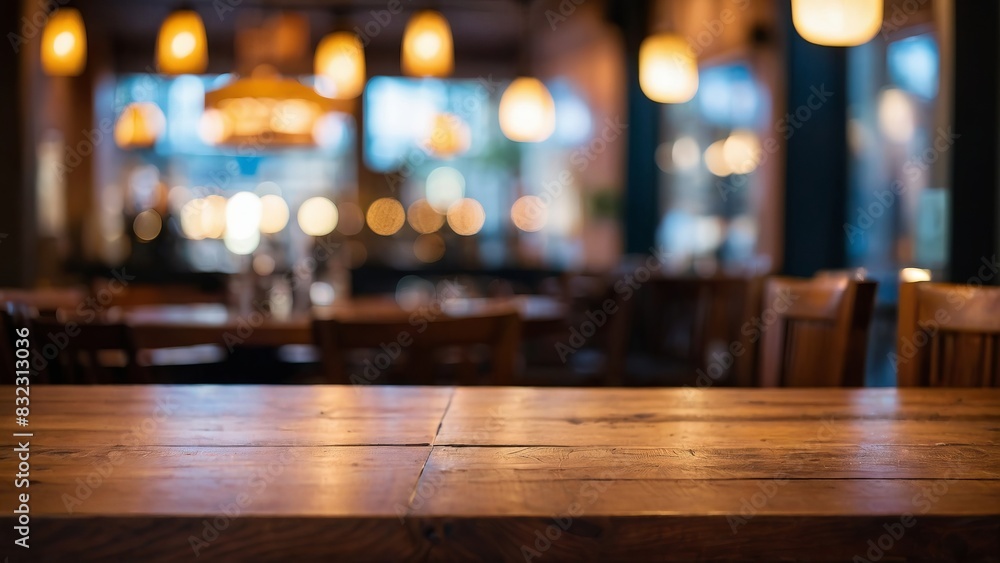 Wooden table background of blurred restaurant lights, establishment, template, copy space. Wooden table background of blurred restaurant lights, establishment, template, copy space.