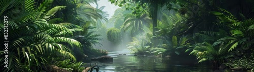 Serene tropical rainforest with lush green foliage and a calm stream surrounded by mist  creating a peaceful natural landscape.
