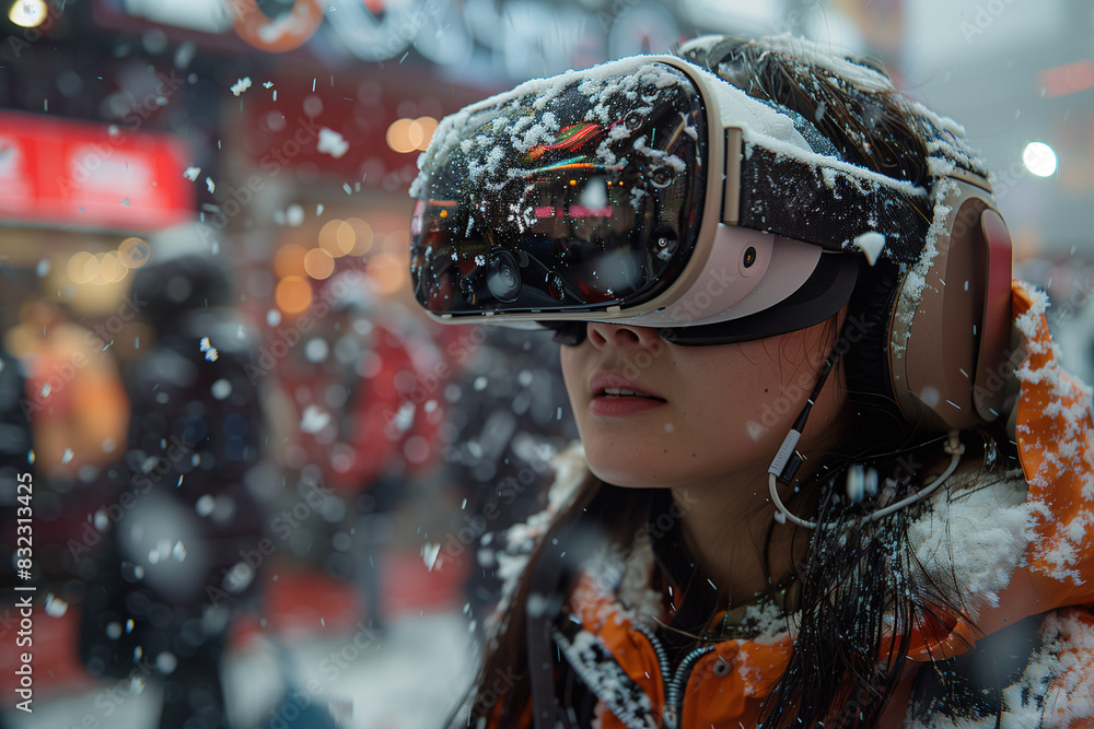 Person wearing a VR headset immersed in a digital environment with virtual elements surrounding them Person wearing a VR headset immersed in a digital environment with virtual elements surrounding them