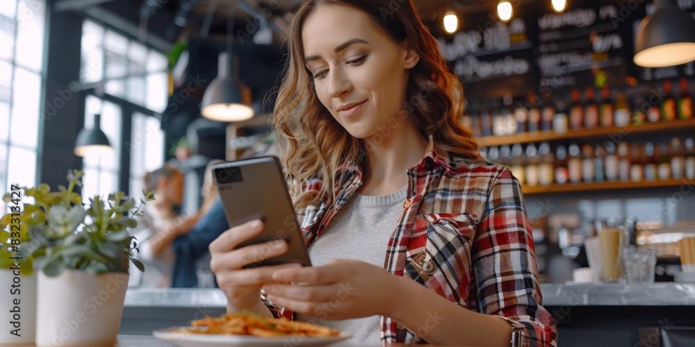 Female scanning qr code while making payment for meal at eatery. Female scanning qr code while making payment for meal at eatery.