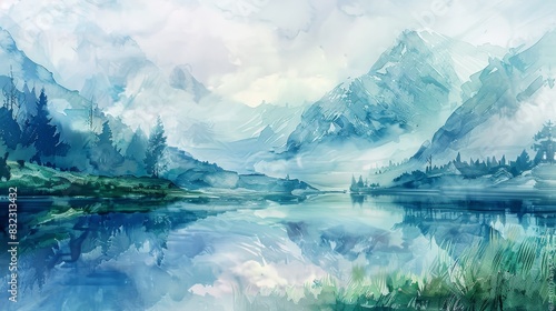 Serene watercolor landscape depicting tranquil lake surrounded by majestic mountains and lush greenery under a cloudy sky.