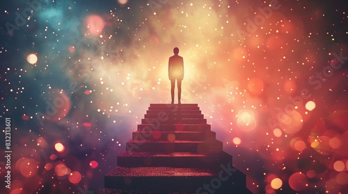 Silhouette of a person standing on a staircase under a cosmic sky filled with colorful glowing orbs, representing a journey or dreamlike state.