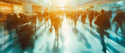 Long exposure shot of crowd of business people walking in bright office fast moving with blurry