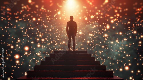 Silhouette of a person standing on steps under a cosmic sky filled with glowing lights. Mystical, inspiring, and awe-inspiring scene.
