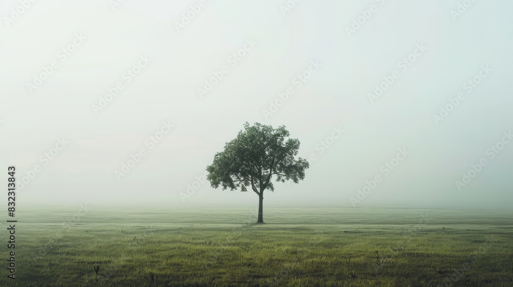Solitary tree standing alone in a foggy field, creating a tranquil and serene landscape with a misty atmosphere and soft gradients in the background. Solitary tree standing alone in a foggy field, creating a tranquil and serene landscape with a misty atmosphere and soft gradients in the background.