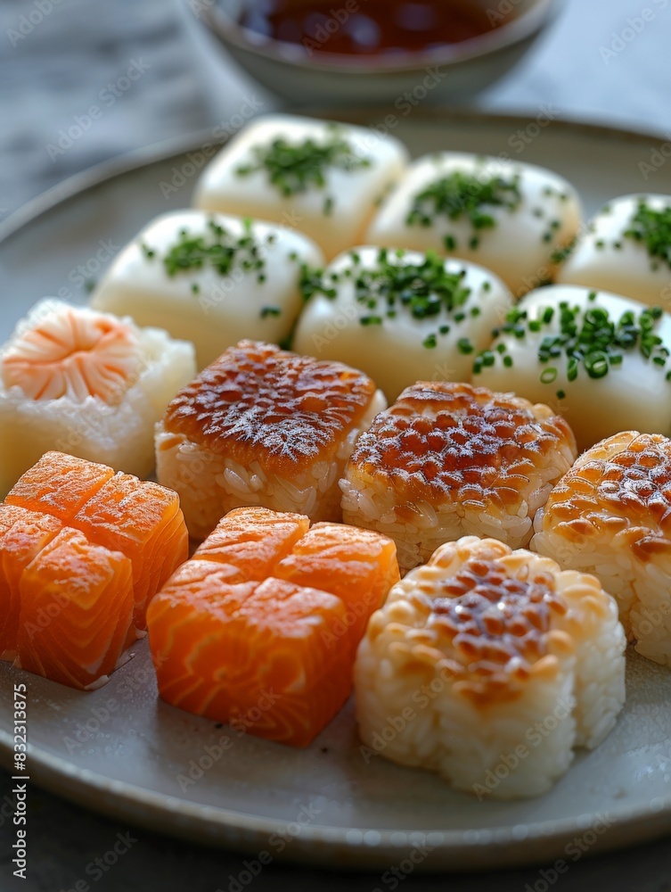A close-up shot of a selection of Japanese desserts, including mochi and dorayaki, arranged on a simple white plate. The minimalist background emphasizes the delicate and appealing nature of these A close-up shot of a selection of Japanese desserts, including mochi and dorayaki, arranged on a simple white plate. The minimalist background emphasizes the delicate and appealing nature of these