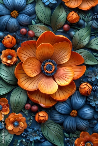 Wallpaper Mural Orange Flower Surrounded by Blue Flowers Torontodigital.ca